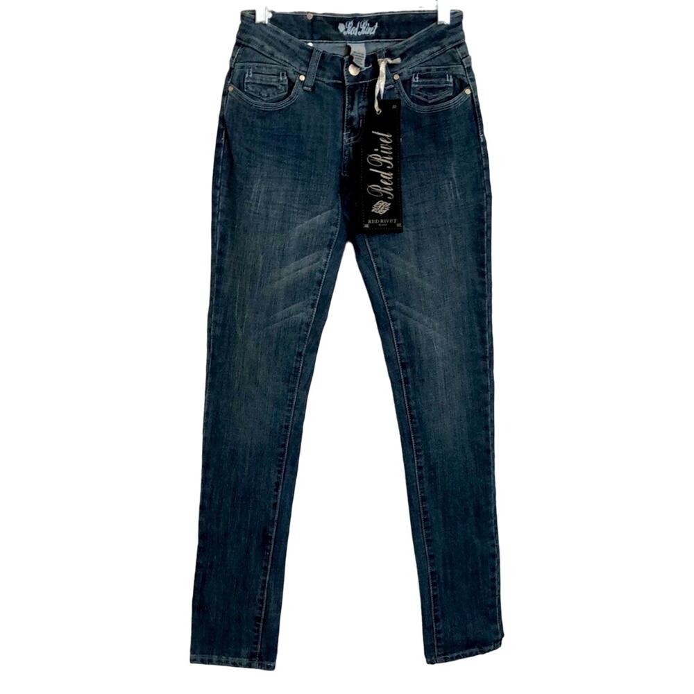 Red Rivet Denim Skinny Jeans Junior Size 1 Studded Flap Back Pockets Inseam 33"